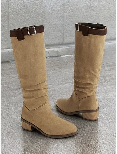  Kniehohe Stiefel aus Wildlederimitat für Damen mit Schnallendetail, Westernstil, lässiges Herbst- und Winterschuhwerk für den Alltag