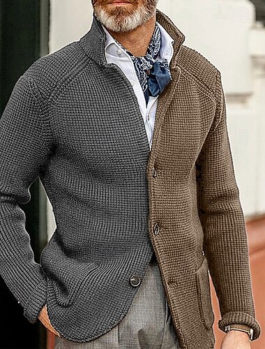  Herre Jacquard sweater Cardigan Sweater Cardigan Beskåret trøje Rillet Strikke Normal Strikket Knap ned Farveblok Sjalrevers Mode Klassisk Dagligdagstøj Stævnemøde Tøj Efterår vinter Sort Hvid M L XL