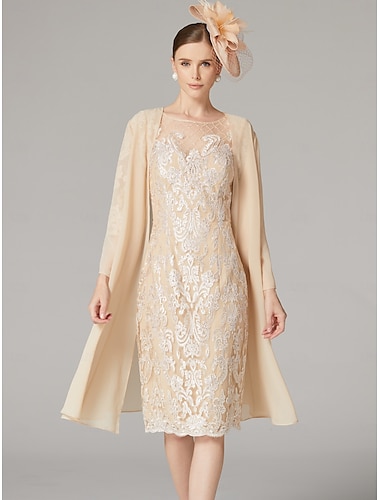  Twee Delige Sheath Jurk Bruiloft Pak Moeder van de Bruid Jurk Elegant Juwelen Hals Knie Lengte Chiffon Kant 3/4 Lengte Mouw Wrap Inbegrepen Jas met Kralen Applicaties Derby Jurk Race Dag Jurk 2025