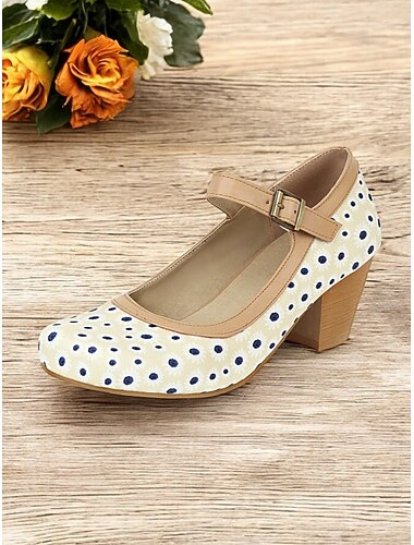  blaue Mary-Jane-Pumps mit Polka Dots für Damen – Retro-Schuhe mit mittelhohem Absatz und Schnallenriemen für Vintage-Outfits und Tanzpartys
