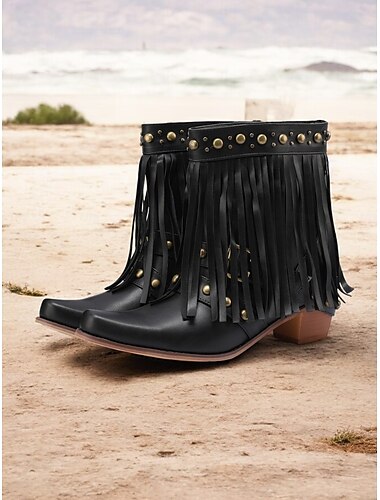  Schwarze Stiefeletten im Westernstil für Damen mit Fransendetails und Nietenakzenten – trendiges Schuhwerk im Boho-Stil für Festivals und die Freizeit