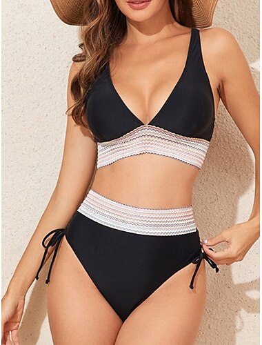  Dames Zwemkleding Bikini 2 stuks Onderbroeken Zwempak Blote rug Lapwerk Hoge taille Slank Vakantie Strand Kleding Effen Kleur V-hals Mouwloos Badpakken