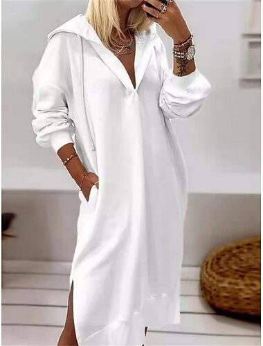  Damen Weißes Kleid Maxidress Tasche Gespleisst Brautkleider schlicht Mit Kapuze Langarm Weiß Farbe