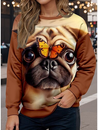  Sudadera de mujer casual con estampado de perro para uso diario, cuello redondo, manga larga, marrón, otoño e invierno