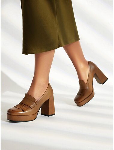  Braune Loafer-Absätze mit Plateausohle und Fransenquaste für Damen – klobige Retro-Schuhe mit hohem Absatz und Blockabsatz für die Freizeit und Partys