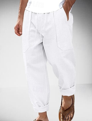  Men's Linen Pants Trousers Summer Pants Drawstring Elastic Waist Straight Leg Plain Comfort Breathable Full Length Outdoor Casual Daily Fashion Classic Style Black White