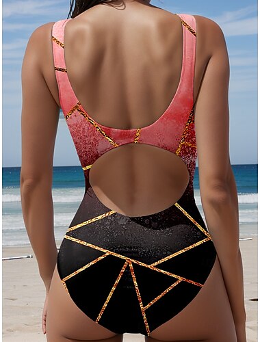  Damen Badeanzüge Einteiler Monokini Badeanzug Rückenfrei Tummy Control Hochtailliert Schlank Urlaub Strandbekleidung Ombre Geometrisches U-Hals Ärmellose Badeanzüge