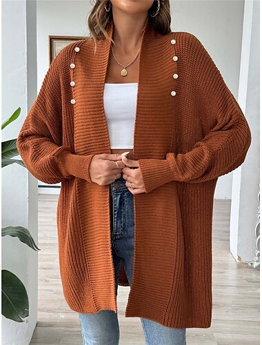  Dames Trui Vest Casual Zacht Heldere kleur Geribd Open voorzijde Sierstenen Gebreid Lange mouw Lange tops breien Buiten Dagelijks Weekend Zwart blauw Herfst Winter