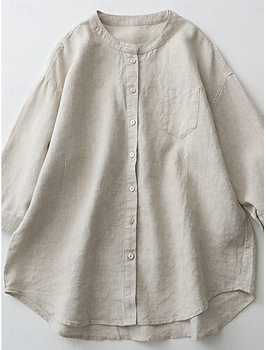  Per donna Camicia Camicie di cotone e lino Abbottonare Blusa Tinta unica Essenziale Casual Manica 3/4 Dolcevita Top Regolari Quotidiano Bottoni Bianco Beige Azzurro Autunno Inverno