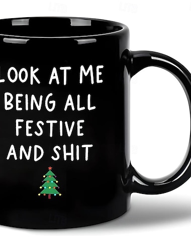  クリスマス ギフト マグカップ ブラック グラフィック 面白いコーヒーマグ 330ml/12オンス お祭り気分で大騒ぎの私を見て 陶器カップ レトロ ビンテージ デザイン