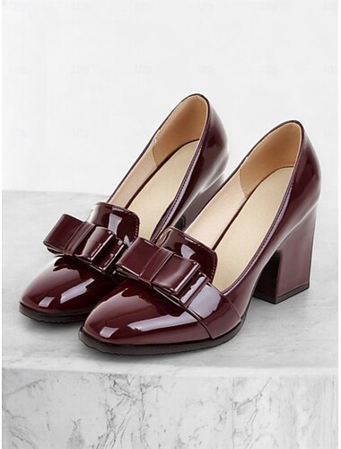  sapatos femininos de salto grosso em couro envernizado com detalhe de laço – sapatos de escritório elegantes e versáteis