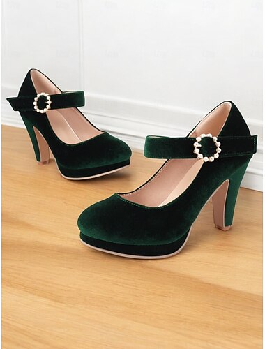 escarpins Mary Jane en velours vert pour femmes avec boucle ornée de perles - talons hauts vintage pour fêtes et occasions spéciales