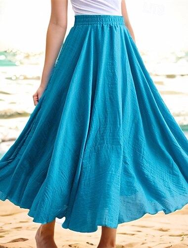  Damen Schaukel Langer Rock Brautkleider schlicht Sommer Maxi Hoher Taillenbund Röcke Einfarbig Layer-Look Lang Festtage Casual Pfauenblau Blau Rotblond Orange Frühling Sommer Leinen Baumwoll Mischung