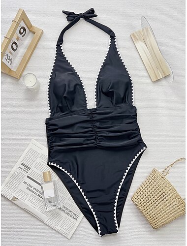  Damen Badeanzug Ein Stück Monokini Bademode Rückenfrei Bauchkontrolle Hohe Taillenlinie Schlank Urlaub Strandbekleidung Glatt Halfterhals Ärmellos Badeanzüge