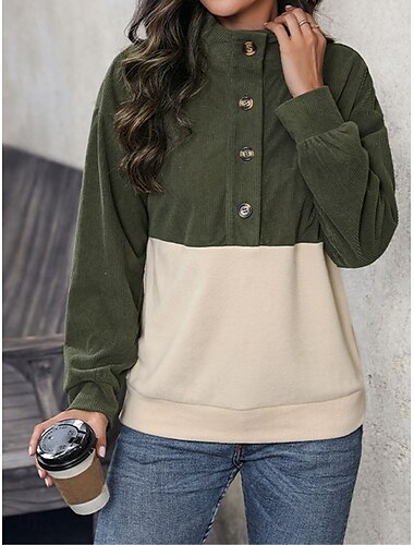  Damen Sweatshirt Casual Plain Street Dailywear V-Ausschnitt Patchwork Knöpfe Langarm Armeegrün Herbst Winter