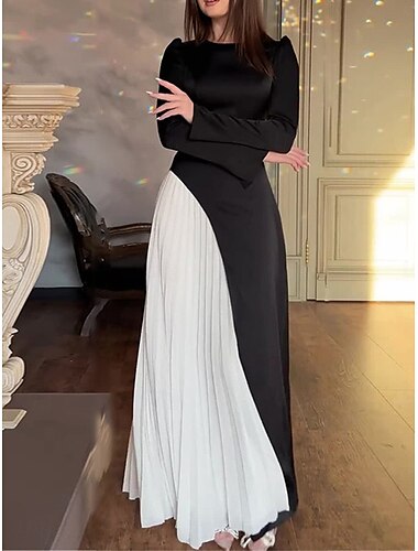  Robe casual Robe unie Femme Robe Maxi Plissé Patchwork Sport & Loisir Plein Air Décontractées Col Ras du Cou manche longue Standard Noir M L XL 2XL