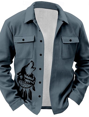  Herren Western Wolf Hemd Hemdjacke Overshirt Langarm Vintage Casual Täglich Frühling Herbst Winter Kragen Knopf Hemden mit Kragen Blau Braun Grün Beige Grau