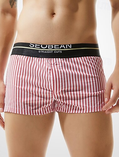  Voor heren 1 stuks Boxer Boxershorts Elastische taille 50% katoen Ademend Zacht Comfortabel Streep Medium taille Zwart Rood