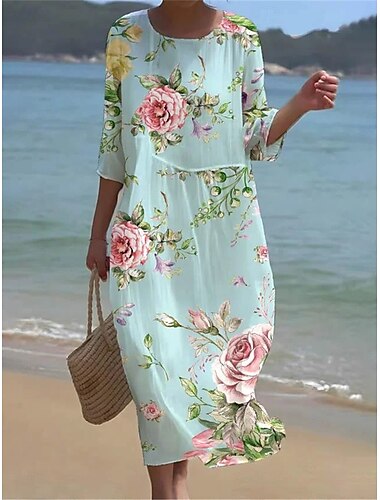  Femmes Robe Midi Robes en coton et lin Robe Décontractée Occasionnel Quotidien Coupe régulière Fleuri Manche 3/4 Col ras du cou Blanche Orange Vert Été Printemps