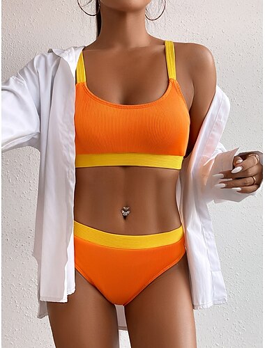  Damen Badeanzug Bikinis 2 Stück Cheeky-Bikinihose Bademode Rückenfrei Schlank Urlaub Strandbekleidung Feste Farbe U-Ausschnitt Ärmellos Badeanzüge