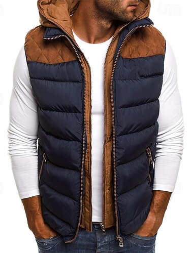  בגדי ריקוד גברים אפוד פאפר וסט Gilet יומי פגישה (דייט) חופשה אופנתי יום יומי סתיו חורף כיס תערובת כותנה שמור על חום הגוף נוח קולור בלוק רוכסן עם קפוצ'ון רגיל שחור בורגנדי כחול נייבי ירוק צבאי אֵפוֹד