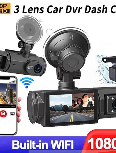  3-kanaals wifi-dashcam voor auto's 2 inch auto-dvr met achteruitrijcamera 1080p voor- en binnencamera en nachtzicht achtercamera