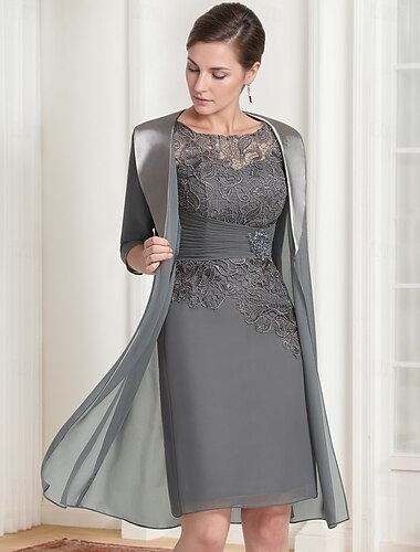  kokerrok / kolomjurk moeder van de bruid jurk elegante vintage juweel hals knie lengte chiffon kant 3/4 lengte mouw jasje jurken met kant gerimpelde applicaties 2025