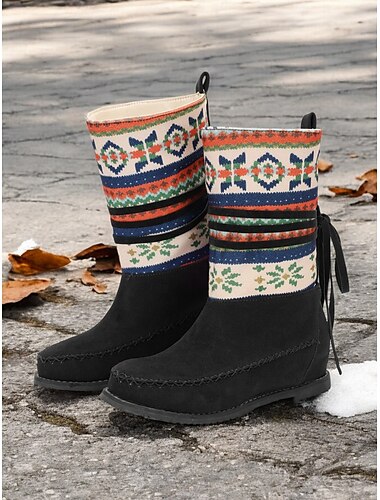  Damen-Winterstiefel mit Retro-Strickmuster – Obermaterial aus Wildleder mit Tribal-Design und warmem Futter, ideal für kaltes Wetter und lässige Outfits