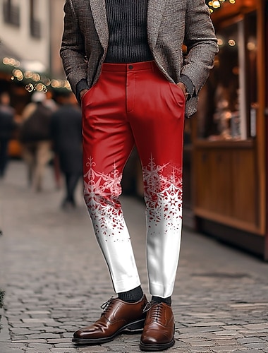  Jul Herre Snøfnugg Dressbukser Medium Midje Mote Fritid utendørs Fest Hverdag Glidelås Lomme Sommer Vår Høst 3D-utskrift Rød Hvit