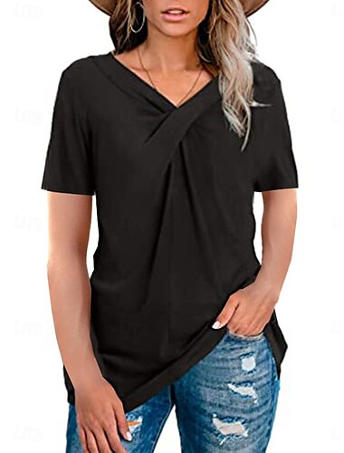  Dames T-shirt Effen Kleur Elegant Korte mouw V-hals Normale tops Dagelijks Lapwerk Zwart Rood Beige Zomer
