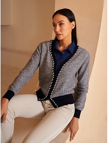  Per donna Cardigan Maglione Blu scuro Manica lunga Tenere al caldo Superiore Color Block Autunno Inverno Abbigliamento da golf da donna Abbigliamento Abiti Abbigliamento
