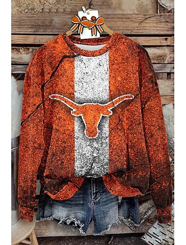  Sudadera de mujer moda western retro gráfico animal vaca hogar fiesta casual cuello redondo patchwork estampado manga larga naranja otoño&amp; invierno