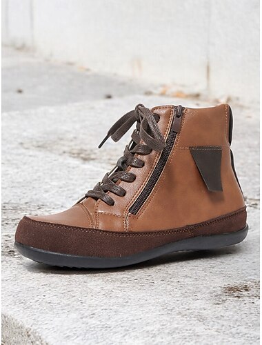  Botines marrones con cordones y cremallera lateral para mujer: diseño informal de piel sintética, suela cómoda, perfectos para usar todos los días en otoño e invierno.