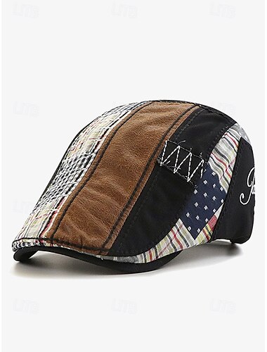  Men's Patchwork Plaid Flat Cap – Retro Newsboy Style Hat with Embroidered Details