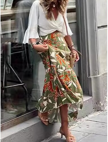  Femme Jupe longue Elégant Rétro Vintage Maxi Taille haute Jupes Floral Graphic Patchwork Vacances Plein Air Vert Eté Polyester