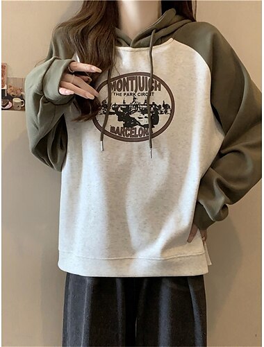  felpa con cappuccio da donna casual lettera street abbigliamento quotidiano felpa con cappuccio patchwork stampa manica lunga marrone verde grigio autunno inverno