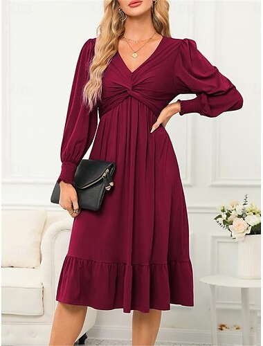  Damen Casual kleid Midikleid Rüsche Tasche Brautkleider schlicht V Ausschnitt Langarm Schwarz Blau Fuchsie Farbe