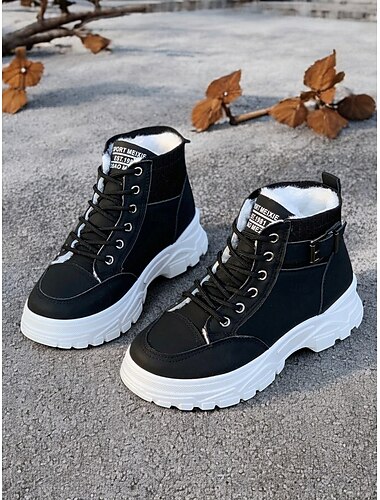  Damen Winter High-Top Sneaker mit Fellfutter – warme Schnürstiefeletten mit dicker Sohle und Schnallendetail für den lässigen Outdoor-Look