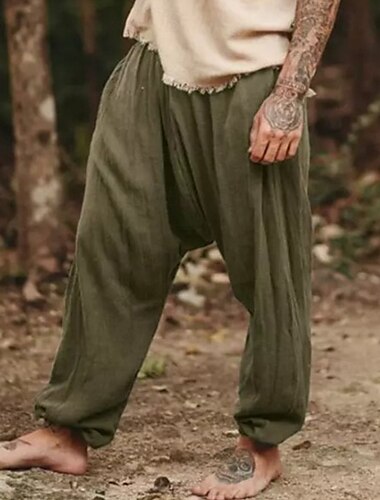  Męskie Biegacze Lniane spodnie Spodnie Letnie spodnie Luźne spodnie Elastyczny pas Równina Komfort Oddychający Pełna długość Joga Codzienny Moda Retro / vintage Czarny Zielony