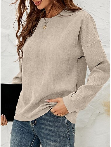  moletom feminino casual liso rua diário gola redonda manga longa rosa verde bege outono inverno