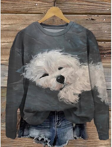  Sudadera de mujer casual con estampado de perro para uso diario, cuello redondo, manga larga, gris, otoño e invierno