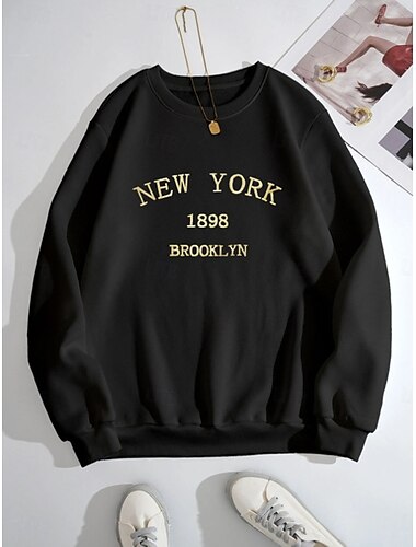  Sweatshirt für Damen, lässig, Buchstaben, Street, Alltag, Rundhalsausschnitt, langärmelig, Schwarz, Weingrün, Herbst, Winter