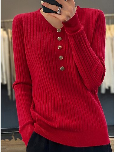  Damskie Sweter sweter Elegancki Codzienny Miękkie Jednokolorowe Prążkowany W serek Guziki Długi rękaw Zwykłe topy Robić na drutach Na zewnątrz Codzienny Wyjściowe Czarny Biały Jesień Zima