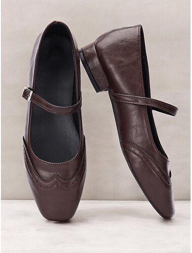  Zapatos Mary Jane vintage marrones para mujer con detalles brogue: zapatos de piel sintética cómodos para la oficina, ropa informal y conjuntos de estilo retro