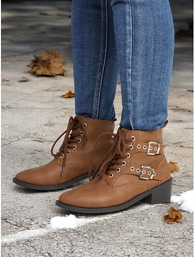  Botines marrones con cordones para mujer: elegantes botas de combate con correas de doble hebilla y tacón bajo para uso diario, informal y al aire libre