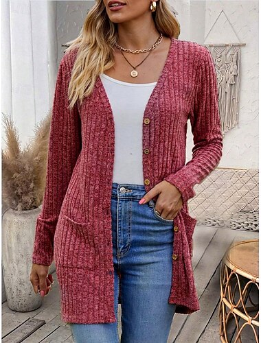  Damen Strickjacke Lässig Einfarbig Einfach Gerippt Asymmetrisch V Ausschnitt Tasche Knöpfe Gedreht Langarm Normale Oberteile Stricken Täglich Wein Armeegrün Frühling Herbst