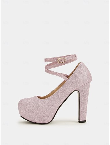  Tacones de plataforma con purpurina rosa para mujer con correa en el tobillo: tacones altos brillantes para fiestas, bodas y eventos especiales