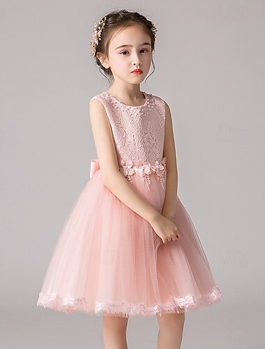  Flower Girl Dress Kid's Girls' Princess Dress Performance Wedding Party Elegant Beautiful Mesh Solid Color Sleeveless Crew Neck White Pink 4 years+