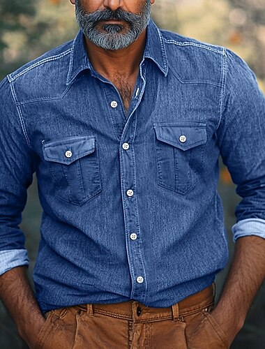  Voor heren Overhemd Chambray-shirt Calico-shirt Normaal shirt Overhemd met knopen Denim overhemd Zwart Marineblauw blauw Licht Blauw Lange mouw Effen Kraag Vakantie Dagelijks Kleding Modieus Casual