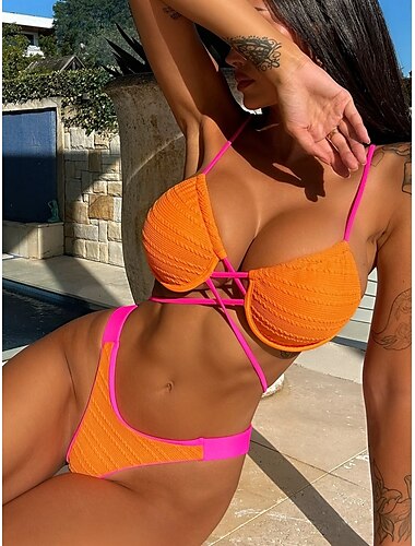  Femme Maillots de Bain Bikinis 2 pièces Tanga Maillot de bain Dos Nu Mince Vacances Tenues de plage Couleur unie Col V Sans Manches Maillots de bain